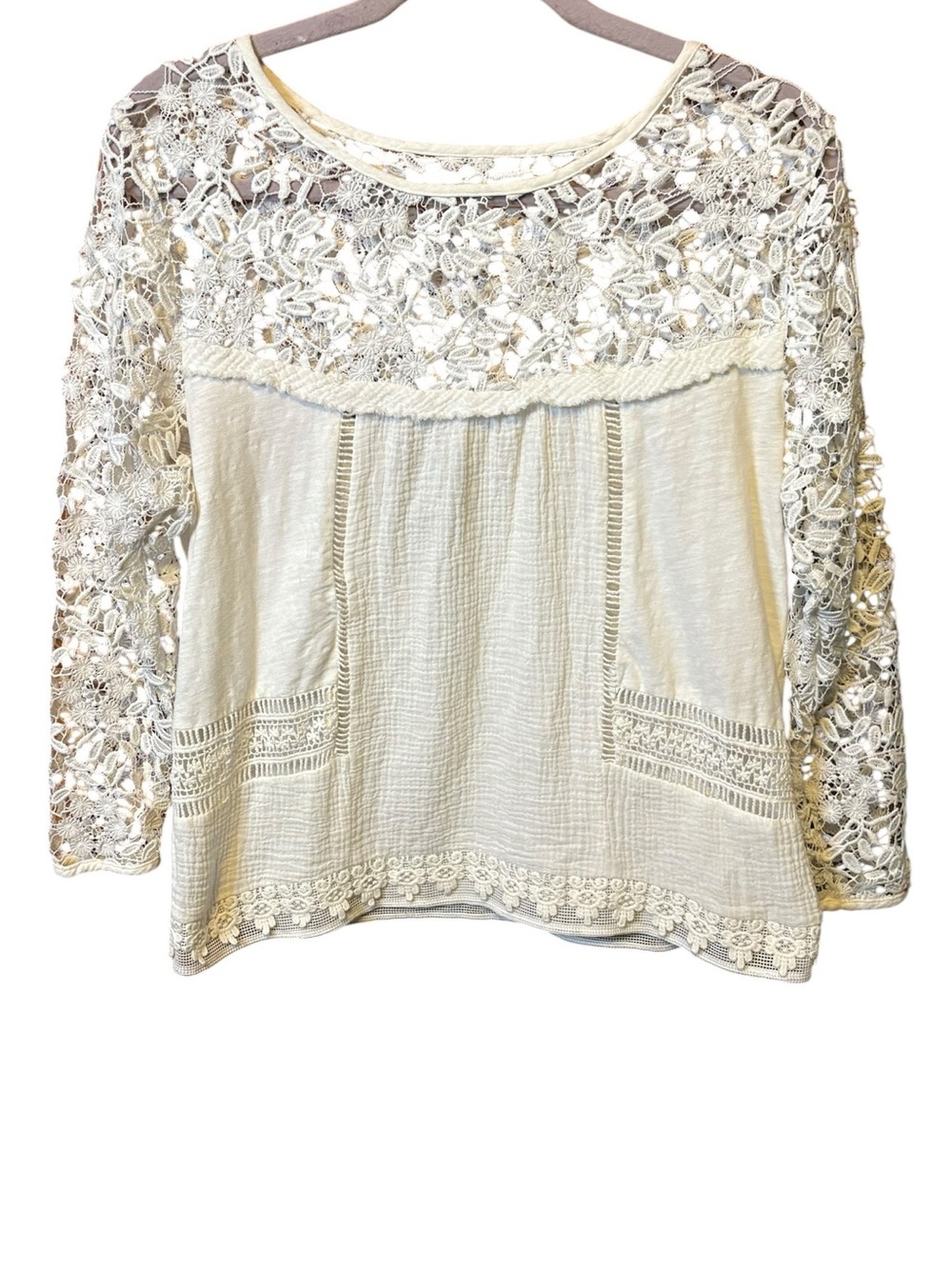 Guest Editor White Lace Blouse Small Boho Crochet Sheer Sleeve Cottagecore Top
